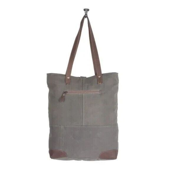 Myra Bag Handmade Time Tote Bag Upcycled Canvas & Cowhide Leather - Picture 8 of 10